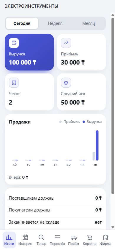 Итоги дня на телефоне: выручка 100 000 ₸